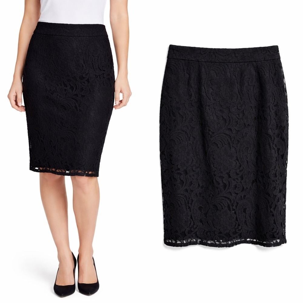 Chicos Black‎ Floral Lace Pencil Skirt Side Zip Lined Career Size 2 Large